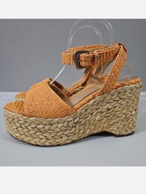 Sam Edelman April Espadrille Wedge Sandal Womens 9.5 Raffia Orange Platform NEW